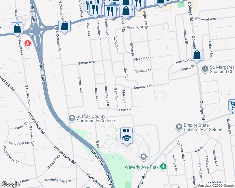 map of restaurants, bars, coffee shops, grocery stores, and more near 15 Bart Drive in Selden