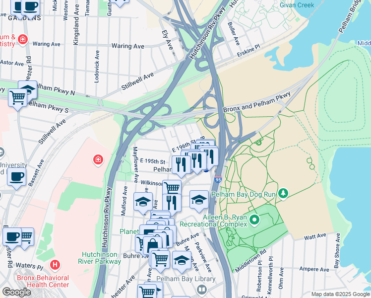 map of restaurants, bars, coffee shops, grocery stores, and more near 2942 East 196th Street in The Bronx