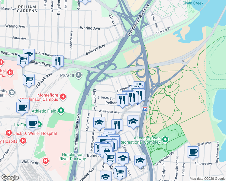 map of restaurants, bars, coffee shops, grocery stores, and more near 2889 East 196th Street in Bronx