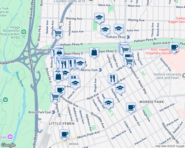 map of restaurants, bars, coffee shops, grocery stores, and more near 900 Lydig Avenue in The Bronx