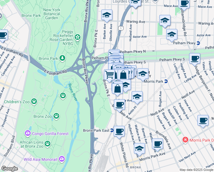map of restaurants, bars, coffee shops, grocery stores, and more near in The Bronx