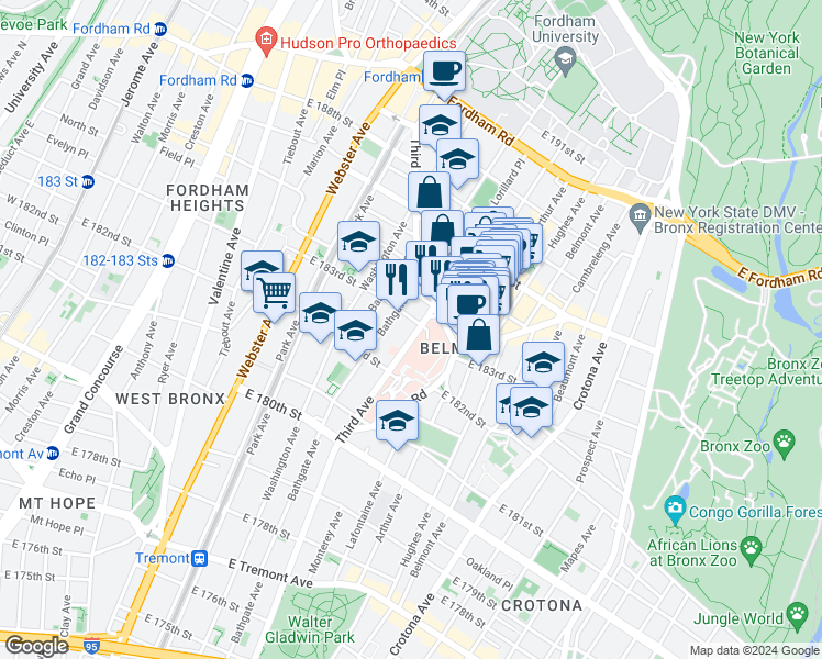 map of restaurants, bars, coffee shops, grocery stores, and more near in The Bronx