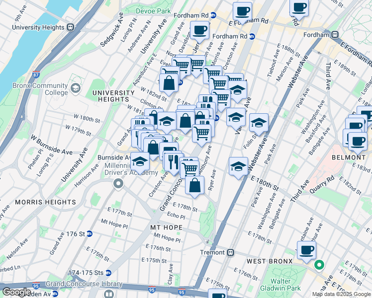 map of restaurants, bars, coffee shops, grocery stores, and more near 2086 Creston Avenue in Bronx