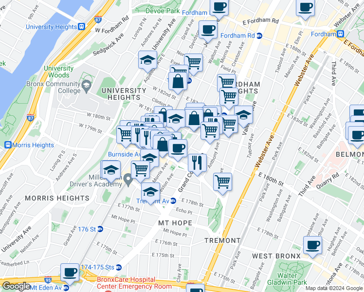 map of restaurants, bars, coffee shops, grocery stores, and more near 2079 Morris Avenue in Bronx