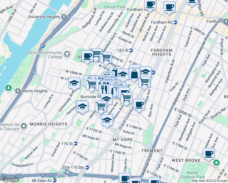 map of restaurants, bars, coffee shops, grocery stores, and more near 2065 Walton Avenue in The Bronx