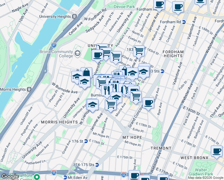 map of restaurants, bars, coffee shops, grocery stores, and more near 9 West Burnside Avenue in The Bronx