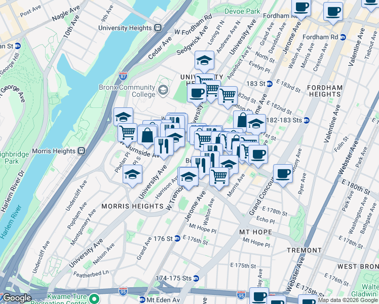 map of restaurants, bars, coffee shops, grocery stores, and more near 1925 Harrison Avenue in The Bronx