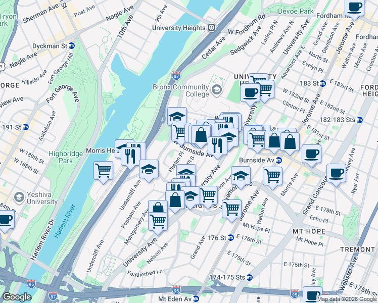 map of restaurants, bars, coffee shops, grocery stores, and more near 179 West Burnside Avenue in The Bronx