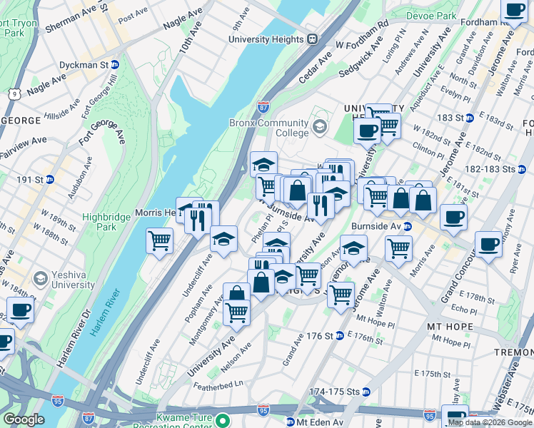 map of restaurants, bars, coffee shops, grocery stores, and more near 179 West Burnside Avenue in The Bronx