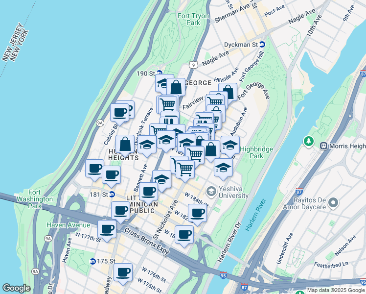 map of restaurants, bars, coffee shops, grocery stores, and more near in New York
