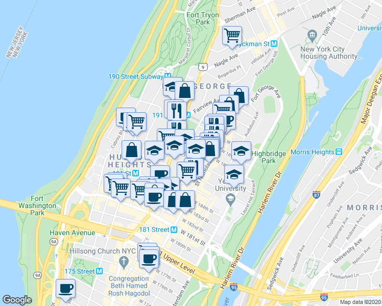 map of restaurants, bars, coffee shops, grocery stores, and more near in New York