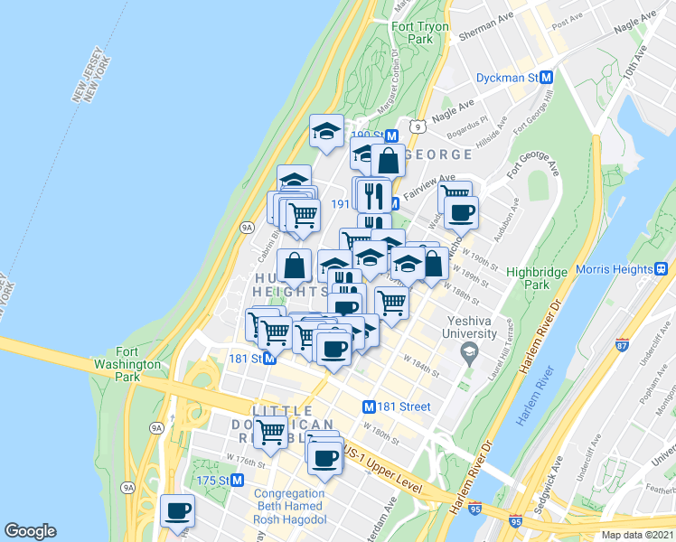 map of restaurants, bars, coffee shops, grocery stores, and more near 114 Bennett Avenue in New York