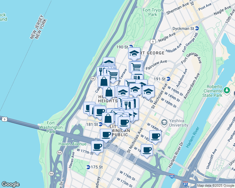 map of restaurants, bars, coffee shops, grocery stores, and more near 40 Overlook Terrace in New York