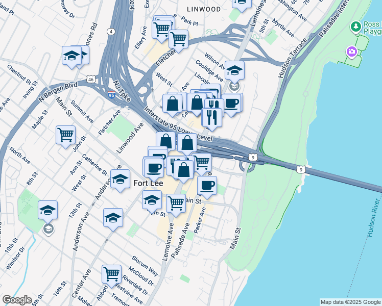map of restaurants, bars, coffee shops, grocery stores, and more near in Fort Lee