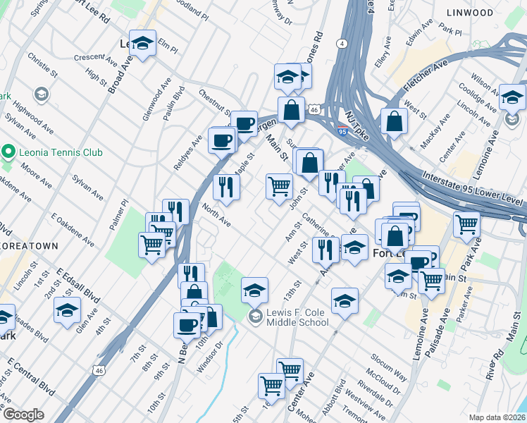 map of restaurants, bars, coffee shops, grocery stores, and more near 1597 John Street in Fort Lee