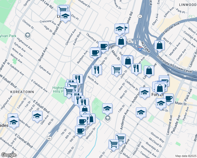 map of restaurants, bars, coffee shops, grocery stores, and more near 1611 Valley Street in Fort Lee