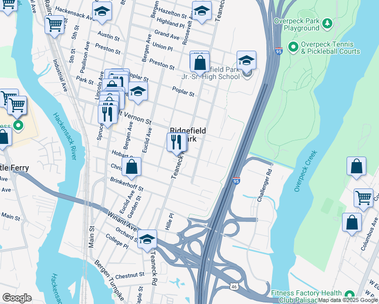 map of restaurants, bars, coffee shops, grocery stores, and more near 317 Teaneck Road in Ridgefield Park