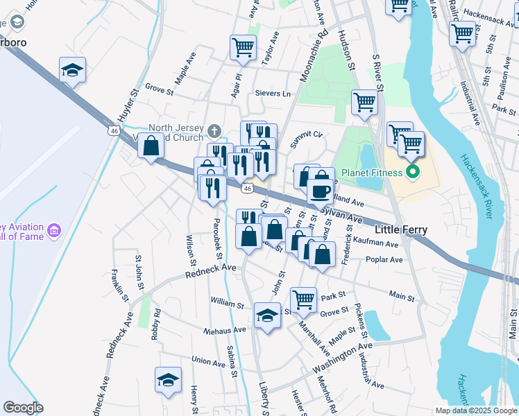 map of restaurants, bars, coffee shops, grocery stores, and more near 297 Liberty Street in Little Ferry