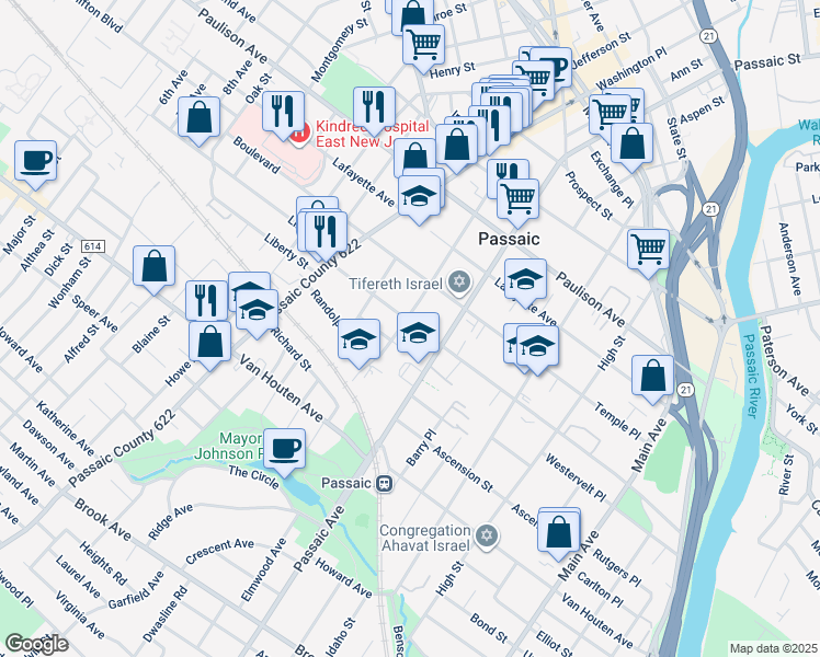 map of restaurants, bars, coffee shops, grocery stores, and more near 291 Aycrigg Avenue in Passaic