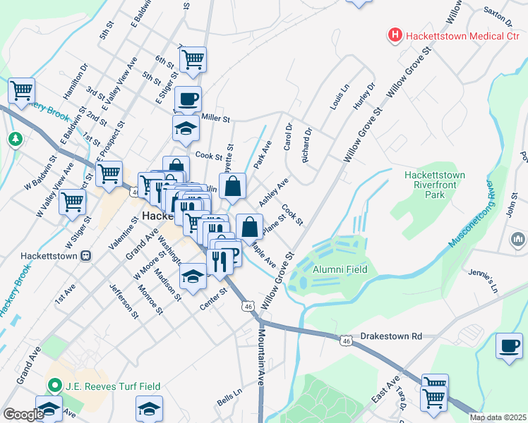 map of restaurants, bars, coffee shops, grocery stores, and more near 220 Franklin Street in Hackettstown
