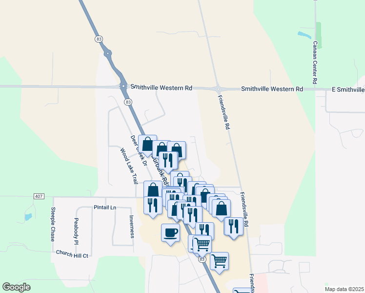 map of restaurants, bars, coffee shops, grocery stores, and more near 4464 Burbank Road in Wooster