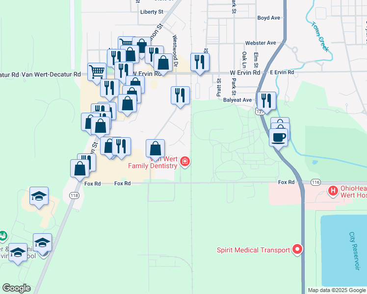 map of restaurants, bars, coffee shops, grocery stores, and more near Golden Oaks Drive in Van Wert