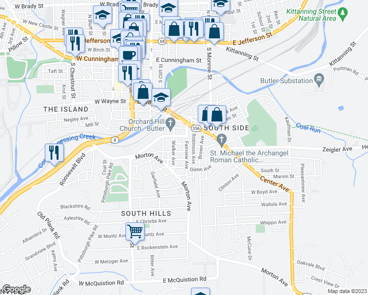 map of restaurants, bars, coffee shops, grocery stores, and more near 216 Fairview Avenue in Butler