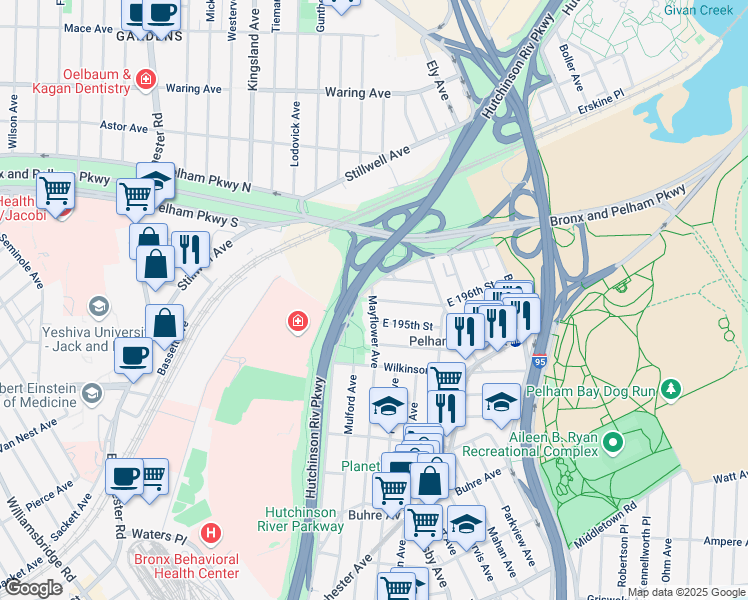 map of restaurants, bars, coffee shops, grocery stores, and more near 2281 East 196th Street in Bronx