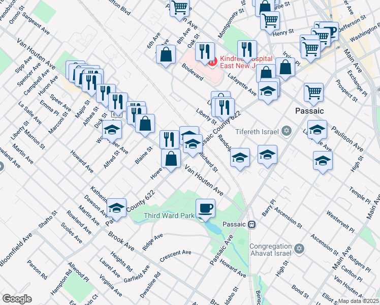 map of restaurants, bars, coffee shops, grocery stores, and more near 374 Broadway in Passaic
