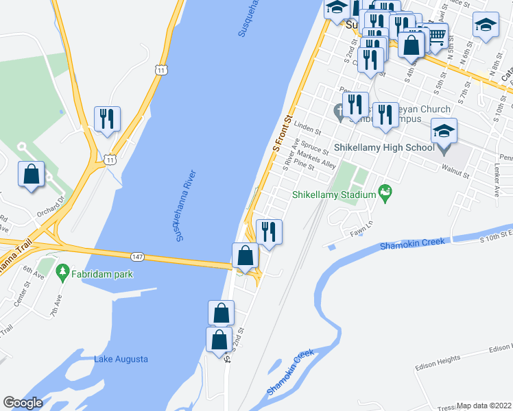 map of restaurants, bars, coffee shops, grocery stores, and more near 734 South Front Street in Sunbury