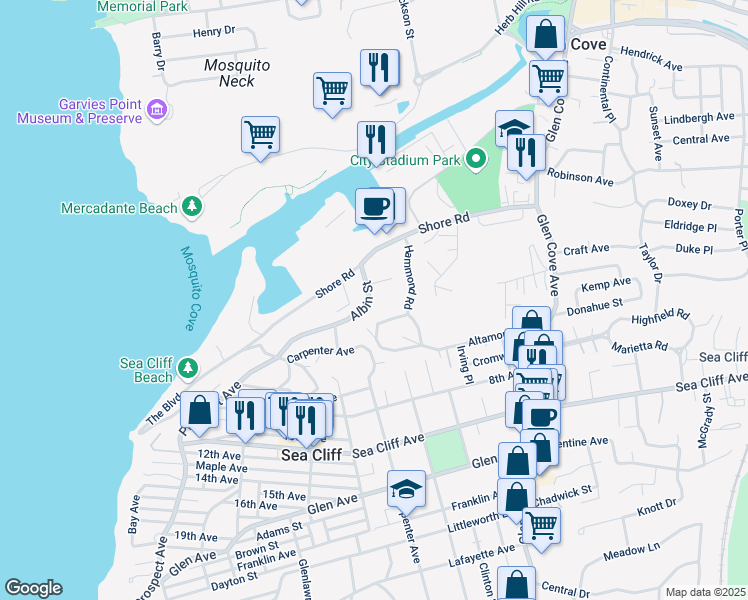 map of restaurants, bars, coffee shops, grocery stores, and more near 15 Albin Street in Glen Cove