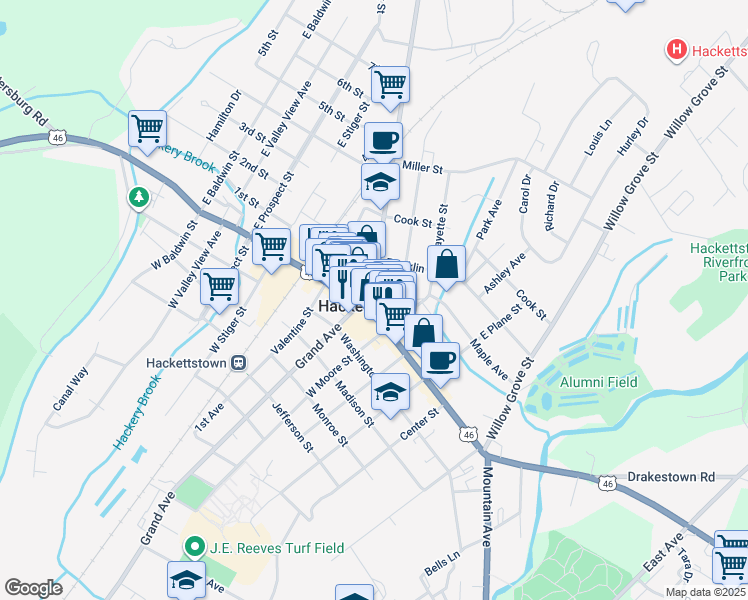 map of restaurants, bars, coffee shops, grocery stores, and more near 149 Main Street in Hackettstown