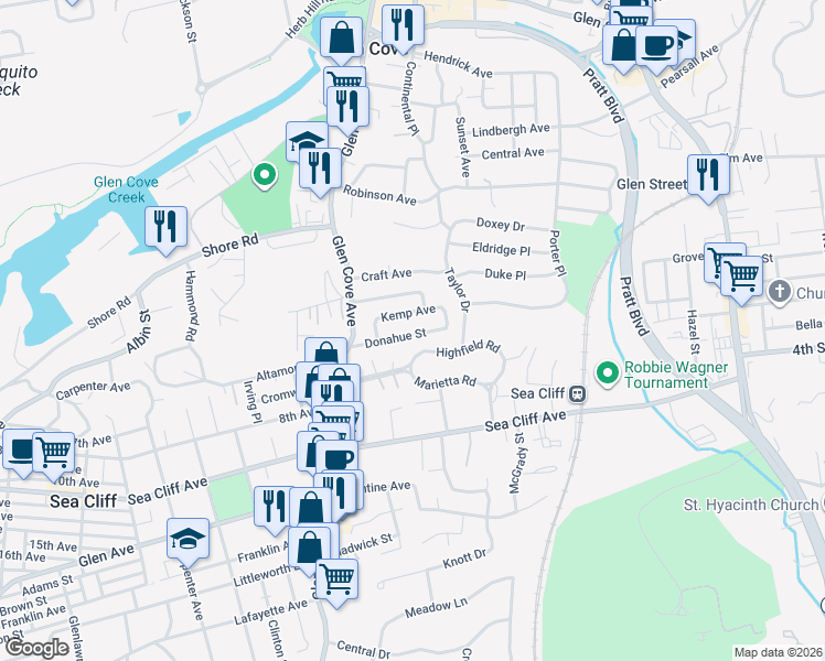 map of restaurants, bars, coffee shops, grocery stores, and more near 11 Donahue Street in Glen Cove