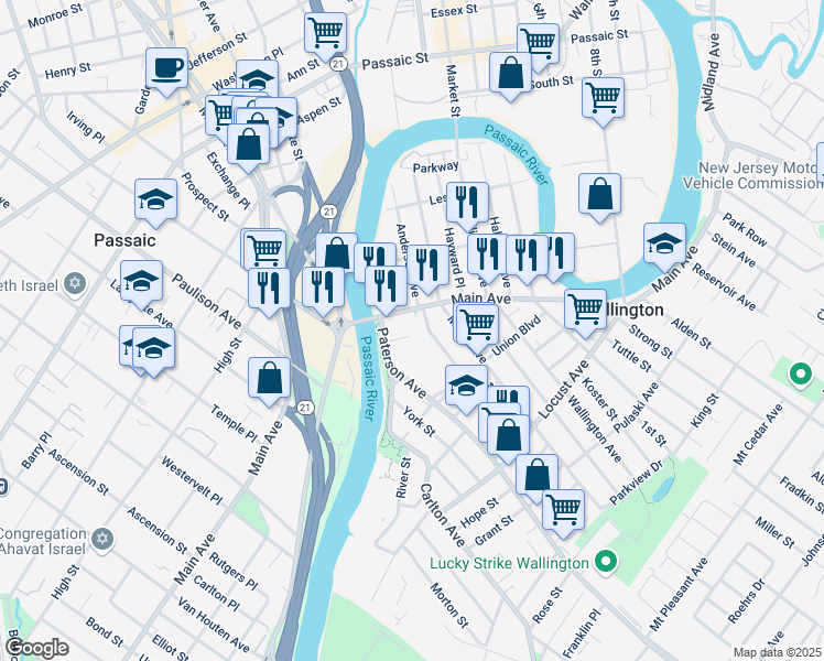 map of restaurants, bars, coffee shops, grocery stores, and more near 20 Main Ave in Wallington
