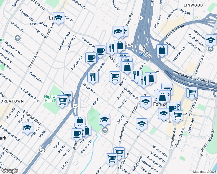 map of restaurants, bars, coffee shops, grocery stores, and more near 1597 John Street in Fort Lee