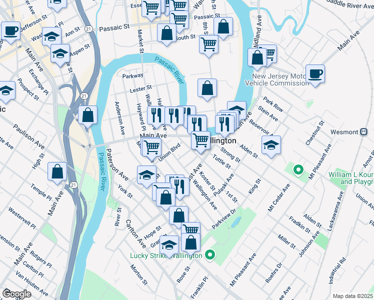 map of restaurants, bars, coffee shops, grocery stores, and more near 27 Washington Place in Wallington