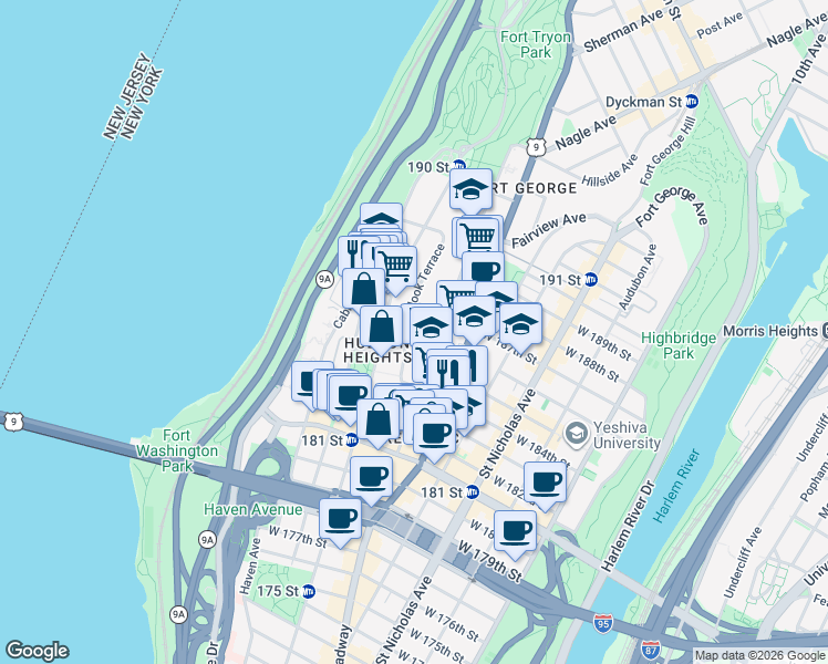 map of restaurants, bars, coffee shops, grocery stores, and more near 739 West 186th Street in New York