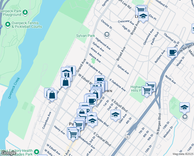 map of restaurants, bars, coffee shops, grocery stores, and more near 527b Orchard Avenue in Palisades Park
