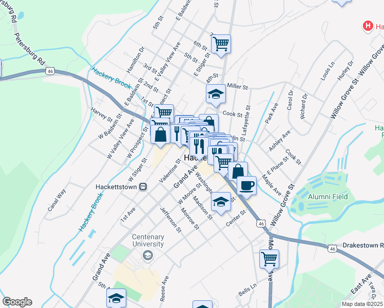 map of restaurants, bars, coffee shops, grocery stores, and more near 120 Main Street in Hackettstown