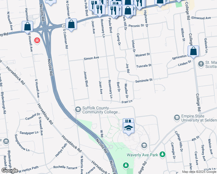 map of restaurants, bars, coffee shops, grocery stores, and more near 104 Rosemary Lane in Centereach