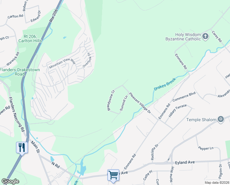 map of restaurants, bars, coffee shops, grocery stores, and more near 10 Brandywine Court in Roxbury Township