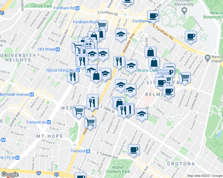 map of restaurants, bars, coffee shops, grocery stores, and more near 4455 Park Avenue in Bronx