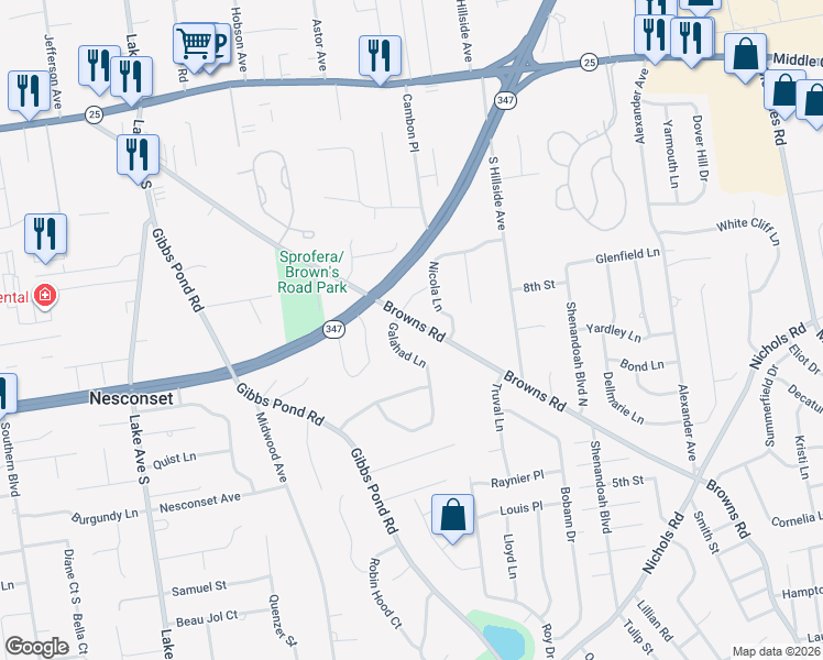 map of restaurants, bars, coffee shops, grocery stores, and more near 104 Browns Road in Nesconset