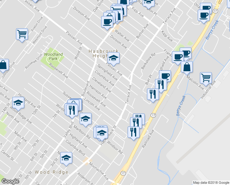 map of restaurants, bars, coffee shops, grocery stores, and more near 315 Cleveland Avenue in Hasbrouck Heights
