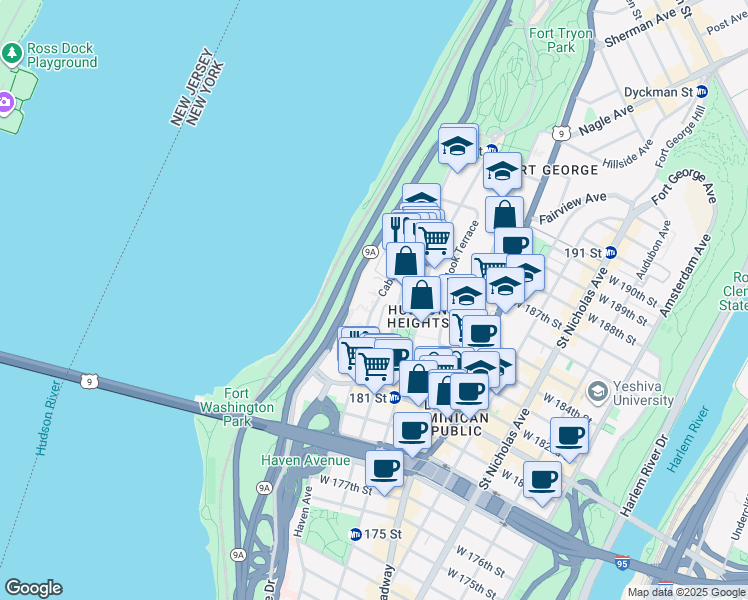 map of restaurants, bars, coffee shops, grocery stores, and more near 180 Cabrini Boulevard in New York