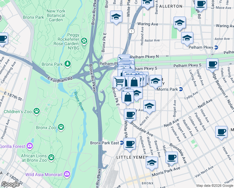 map of restaurants, bars, coffee shops, grocery stores, and more near 2104 Bronx Park East in Bronx