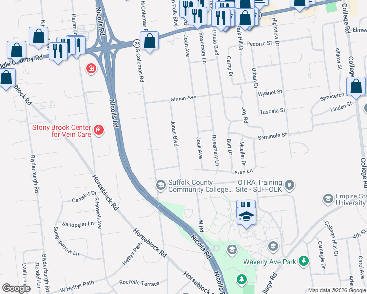 map of restaurants, bars, coffee shops, grocery stores, and more near 33 Jonas Boulevard in Centereach