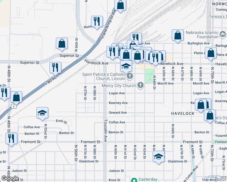 map of restaurants, bars, coffee shops, grocery stores, and more near 5940 Logan Avenue in Lincoln