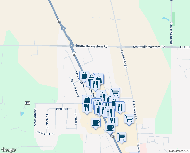 map of restaurants, bars, coffee shops, grocery stores, and more near 4464 Burbank Road in Wooster