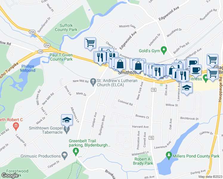 map of restaurants, bars, coffee shops, grocery stores, and more near 29 Mayflower Avenue in Smithtown